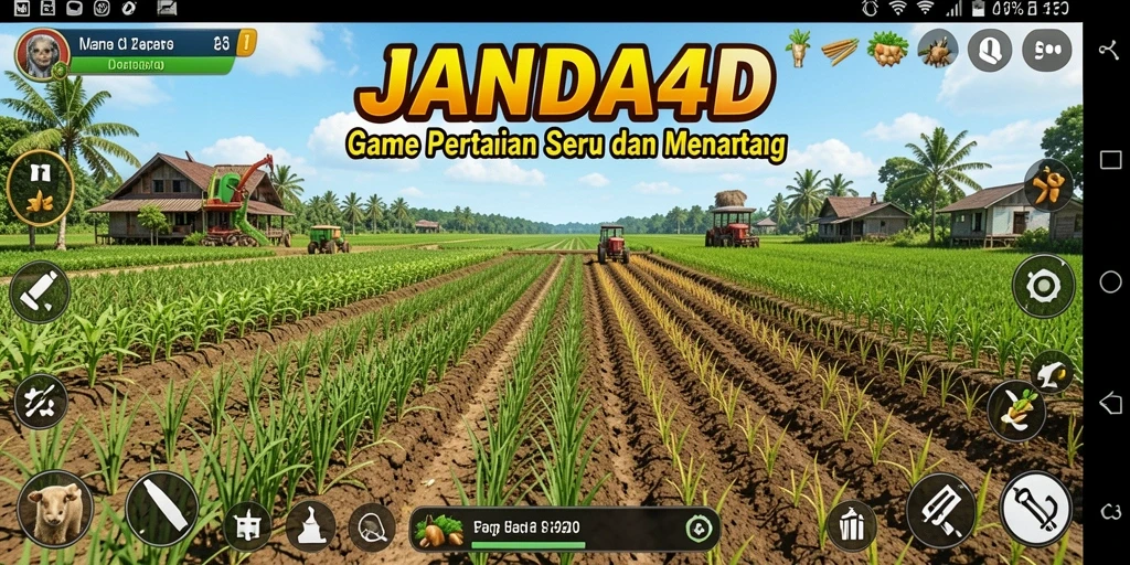Tampilan gameplay JANDA4D dengan ladang yang subur dan beragam tanaman.