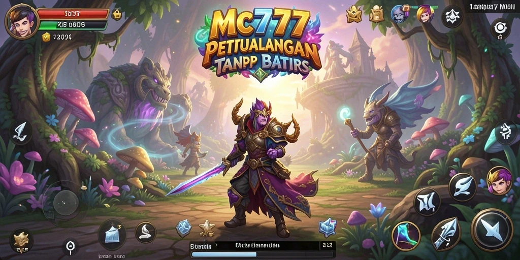 Tangkapan layar utama MC777 menampilkan aksi petualangan di lingkungan yang memukau.